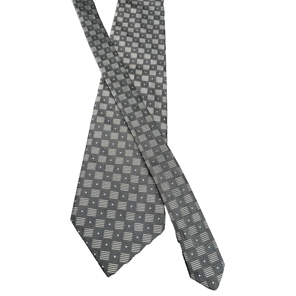XMI Men's 100% Silk Tie Black Gray Nordstrum Geometric Hand Made in the USA EUC